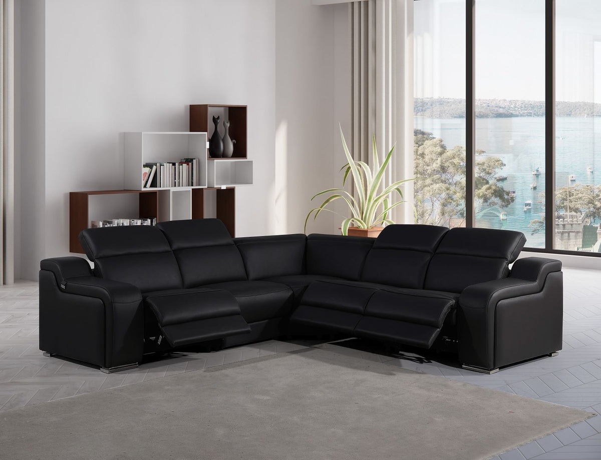 1116 Divanitalia 5-Piece L-Shaped Sectional Sofa in Top Grain Italian Leather with 3 Power Recliners & Power Headrests - Black - SKU 1116-BLACK-5PC-3PWR-SECTIONAL- GROUP
