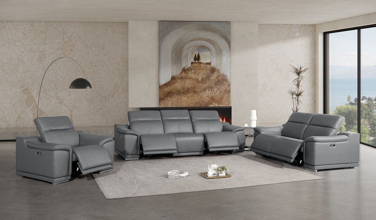 2679 Power Reclining Sofa, Loveseat & Chair Set in Genuine Leather - 5 Recliners - Dark Grey - SKU 2679-DK-GRAY-6.5-HT-3PC - view 2