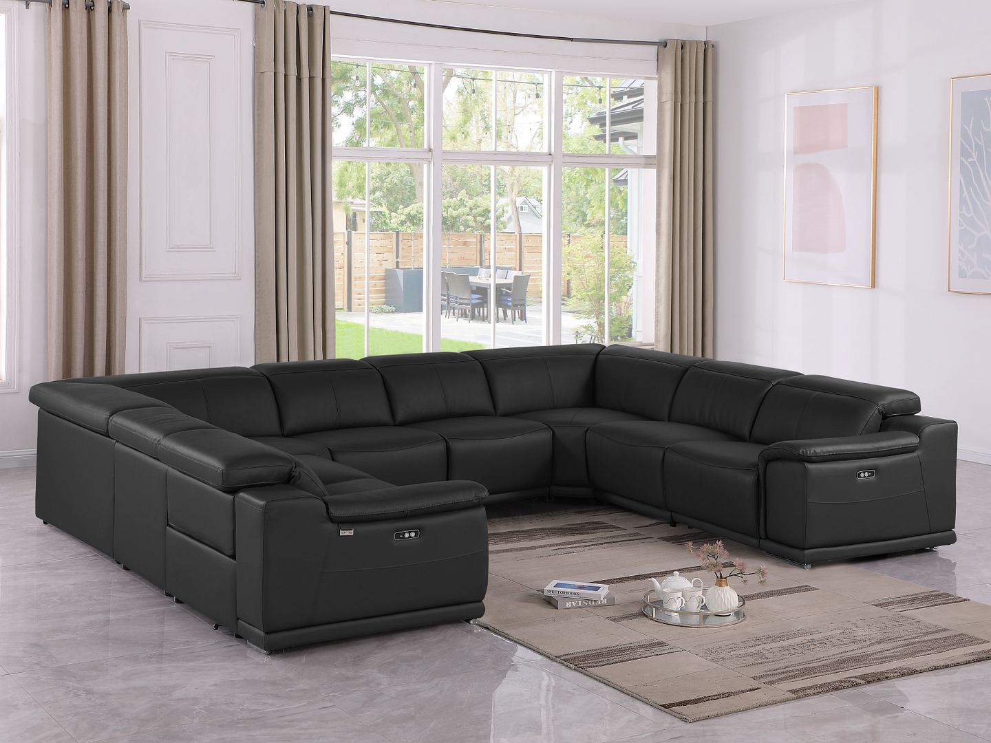 9762 Divanitalia 8-Piece U-Shaped Top Grain Italian Leather Sectional Sofa with 4 Power Recliners - Black