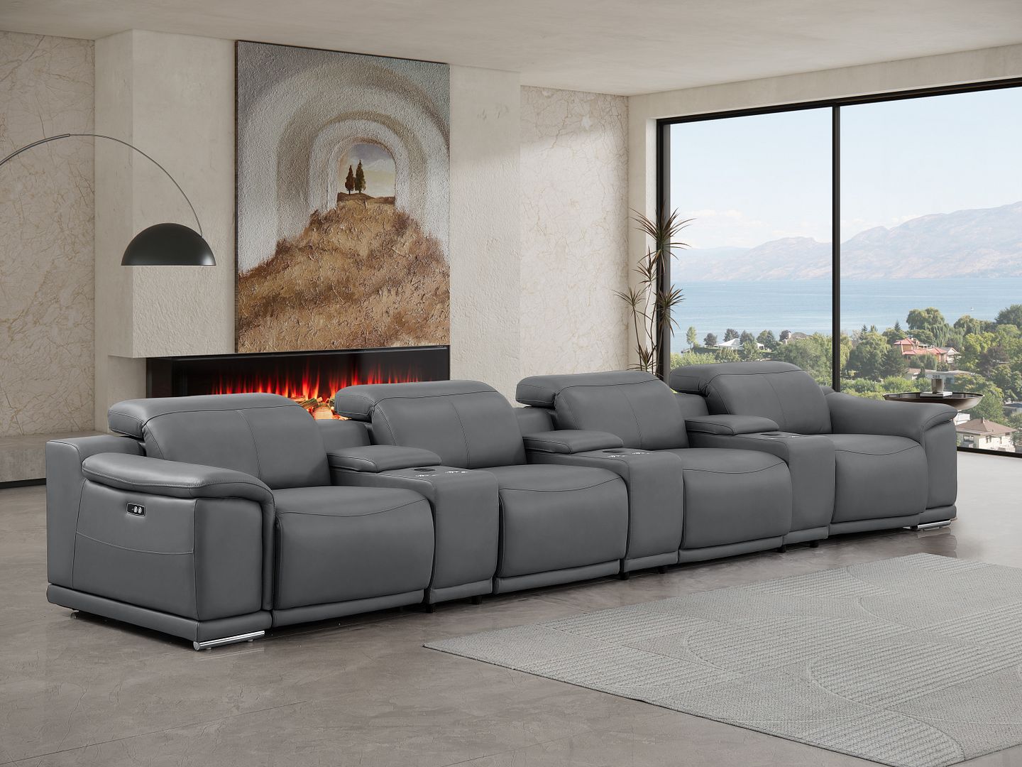 2679 Genuine Leather Sofa with 4 Power Recliners, Power Headrests & 3 Storage Consoles - Dark Grey