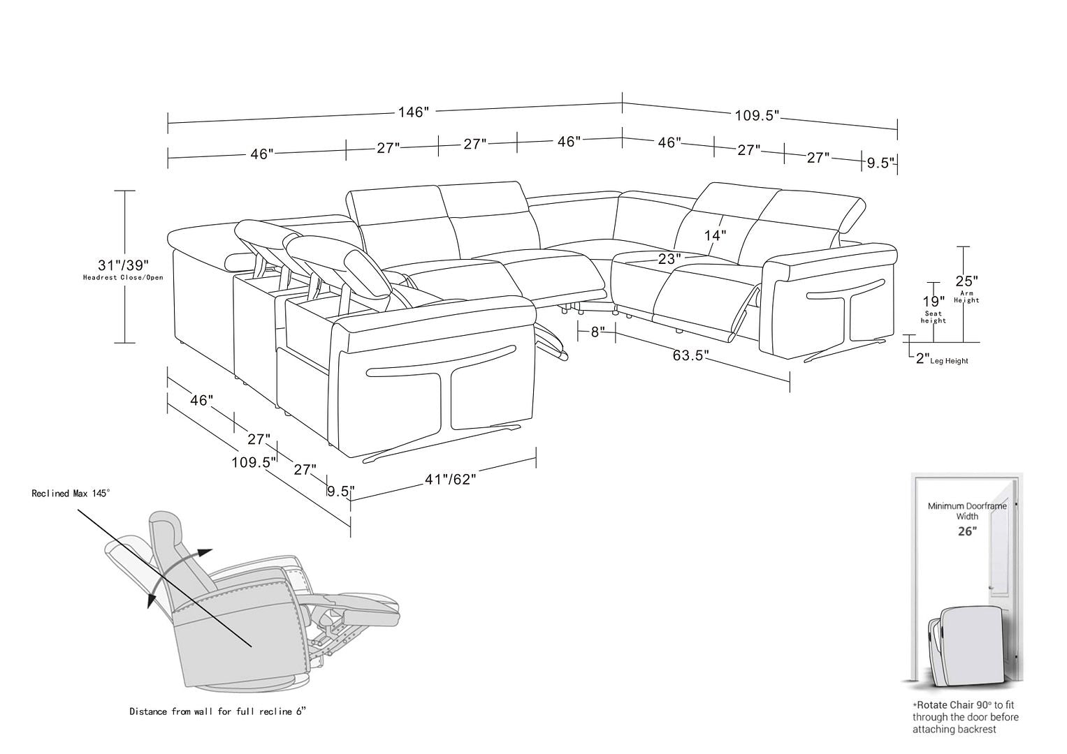 1126 Divanitalia 8-Piece U-Shaped Sectional Sofa in Top Grain Italian Leather with 4 Power Recliners & Power Headrests