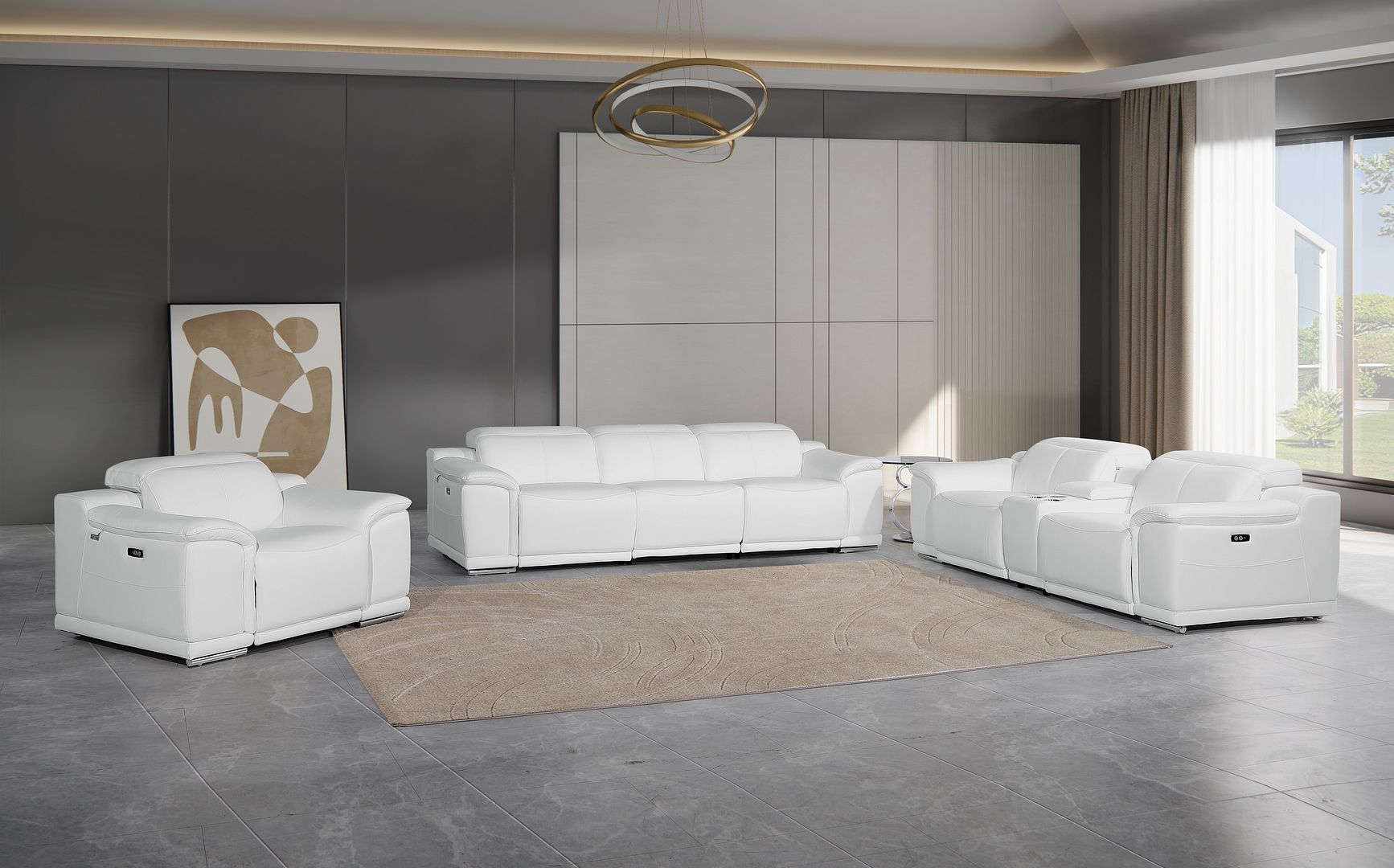 9762 Divanitalia 7-Piece Modular Power Reclining Sofa, Loveseat and Chair Set with 5 Power Recliners in Top Grain Italian Leather - White