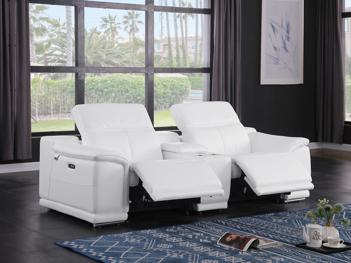 9762 Divanitalia 3-Piece Modular Power Reclining Console Loveseat with 2 Power Recliners in Top Grain Italian Leather