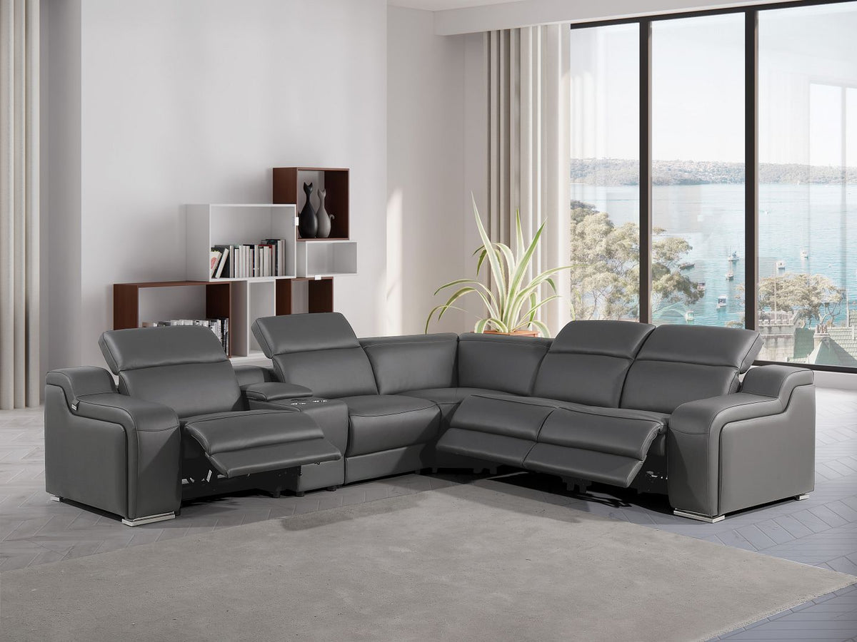 1116 Divanitalia 6-Piece L-Shaped Sectional Sofa in Top Grain Italian Leather with 3 Power Recliners & Power Headrests - Dark Grey - SKU 1116-DK-GREY-6PC-3PWR-SECTIONAL- GROUP