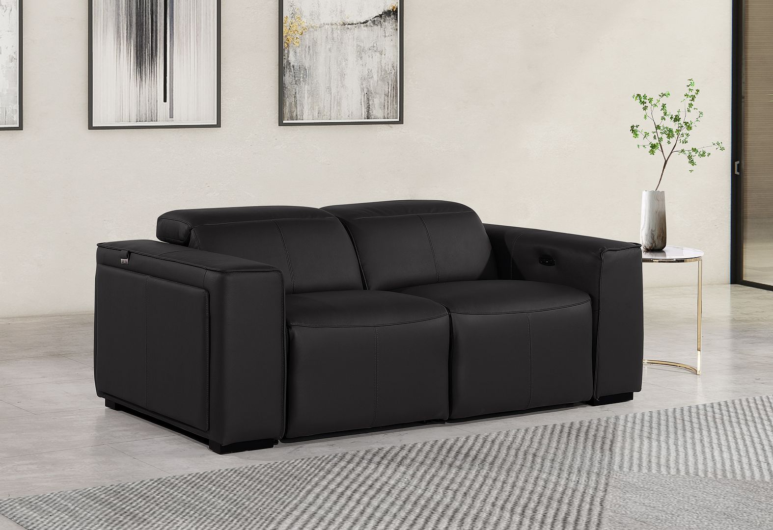 1224 Divanitalia 2-Piece Modular Power Reclining Loveseat in Top Grain Italian Leather with 2 Power Recliners & Power Headrests - Black
