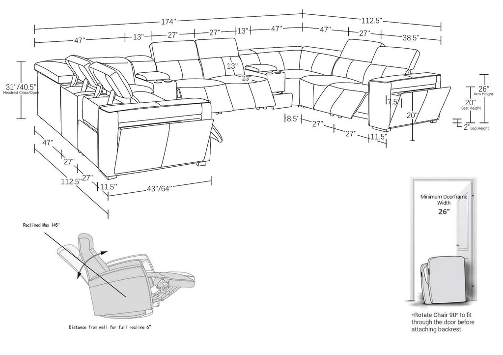 1224 Divanitalia 10-Piece U-Shaped Sectional Sofa in Top Grain Italian Leather with 4 Power Recliners & Power Headrests