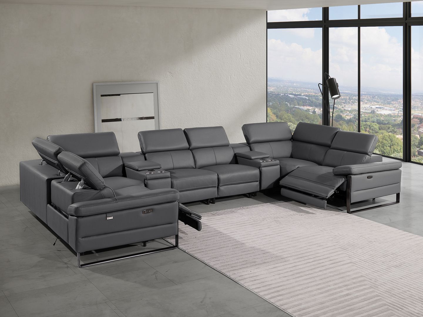 1246 Divanitalia 8-Piece U-Shaped Modular Power Reclining Sectional Sofa with 2 Power Recliners and Power Headrests - Top Grain Italian Leather