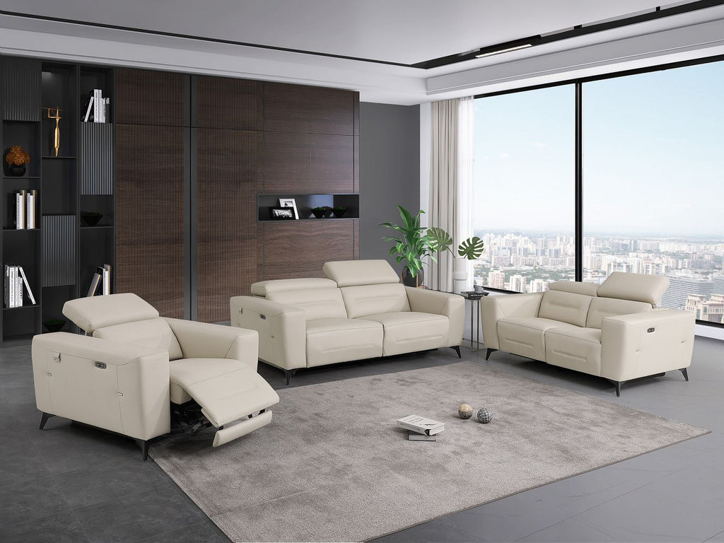 989 Divanitalia Power Reclining 3-Piece Sofa Set with Power Headrest in Top-grain Italian Leather - Beige - SKU 989-BEIGE-3PC