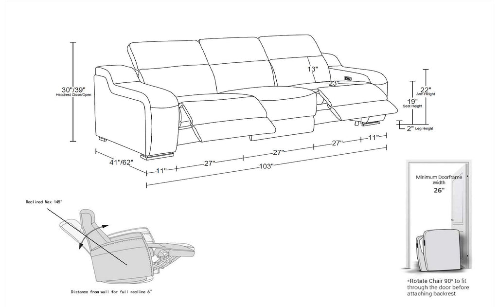 1116 Divanitalia 3-Piece Modular Power Reclining Sofa in Top Grain Italian Leather with 2 Power Recliners & Power Headrests