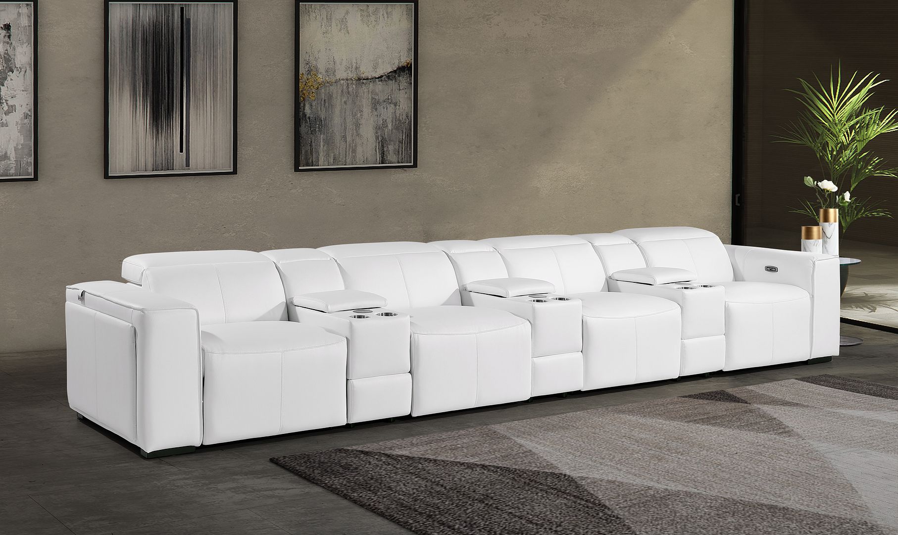 1224 Divanitalia 7-Piece Modular Power Reclining Sofa in Top Grain Italian Leather with 4 Power Recliners & Power Headrests - White