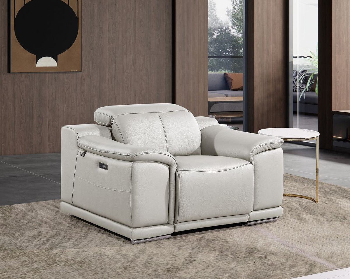 9762 Divanitalia Top Grain Italian Leather Power Reclining Chair with Adjustable Headrests - Light Grey - SKU 9762-PWR-CH-LIGHT GREY