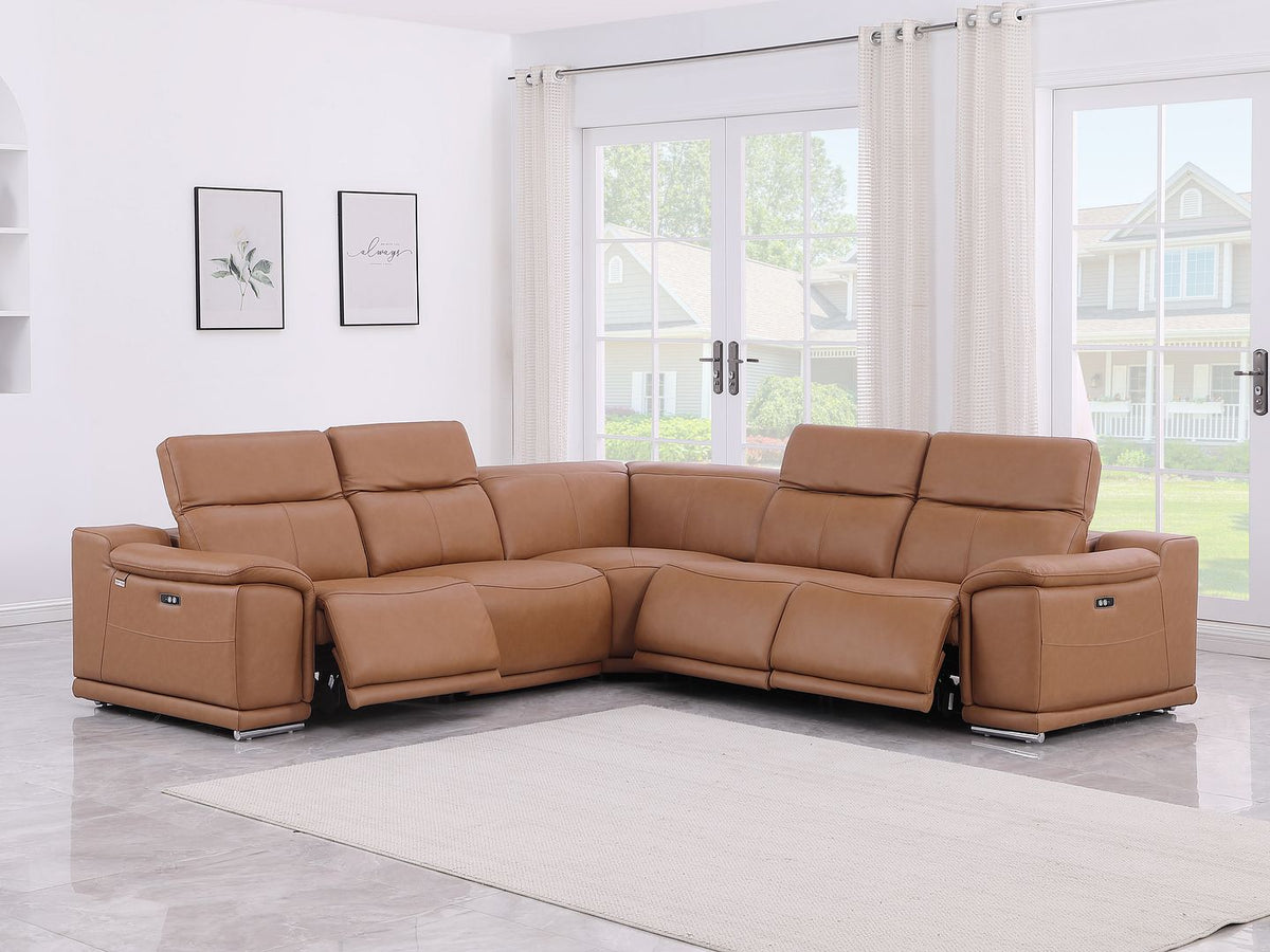 9762 Divanitalia 5-Piece L-Shaped Top Grain Italian Leather Sectional Sofa with 3 Power Recliners - Cognac - SKU 9762-COGNAC-5PC-3PWR-SECTIONAL-GROUP - view 2
