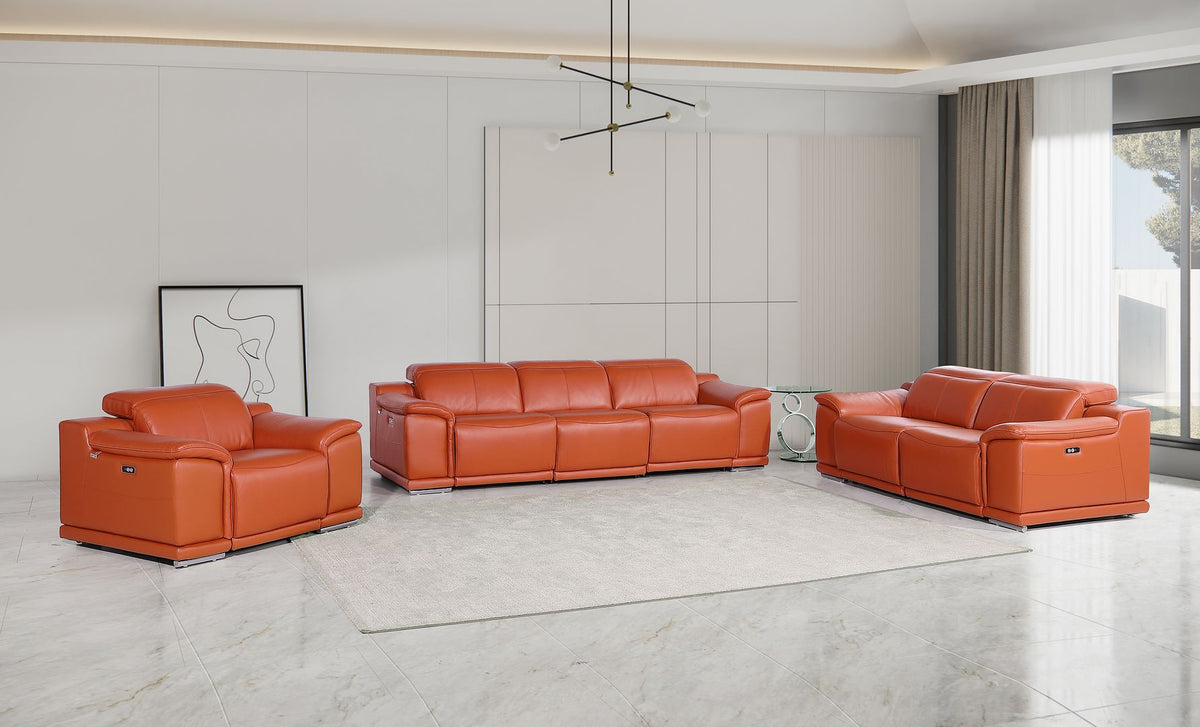 9762 Divanitalia 6-Piece Modular Power Reclining Sofa, Loveseat and Chair Set with 6 Power Recliners in Top Grain Italian Leather - Camel - SKU 9762-CAMEL-6.6-HT-3PC