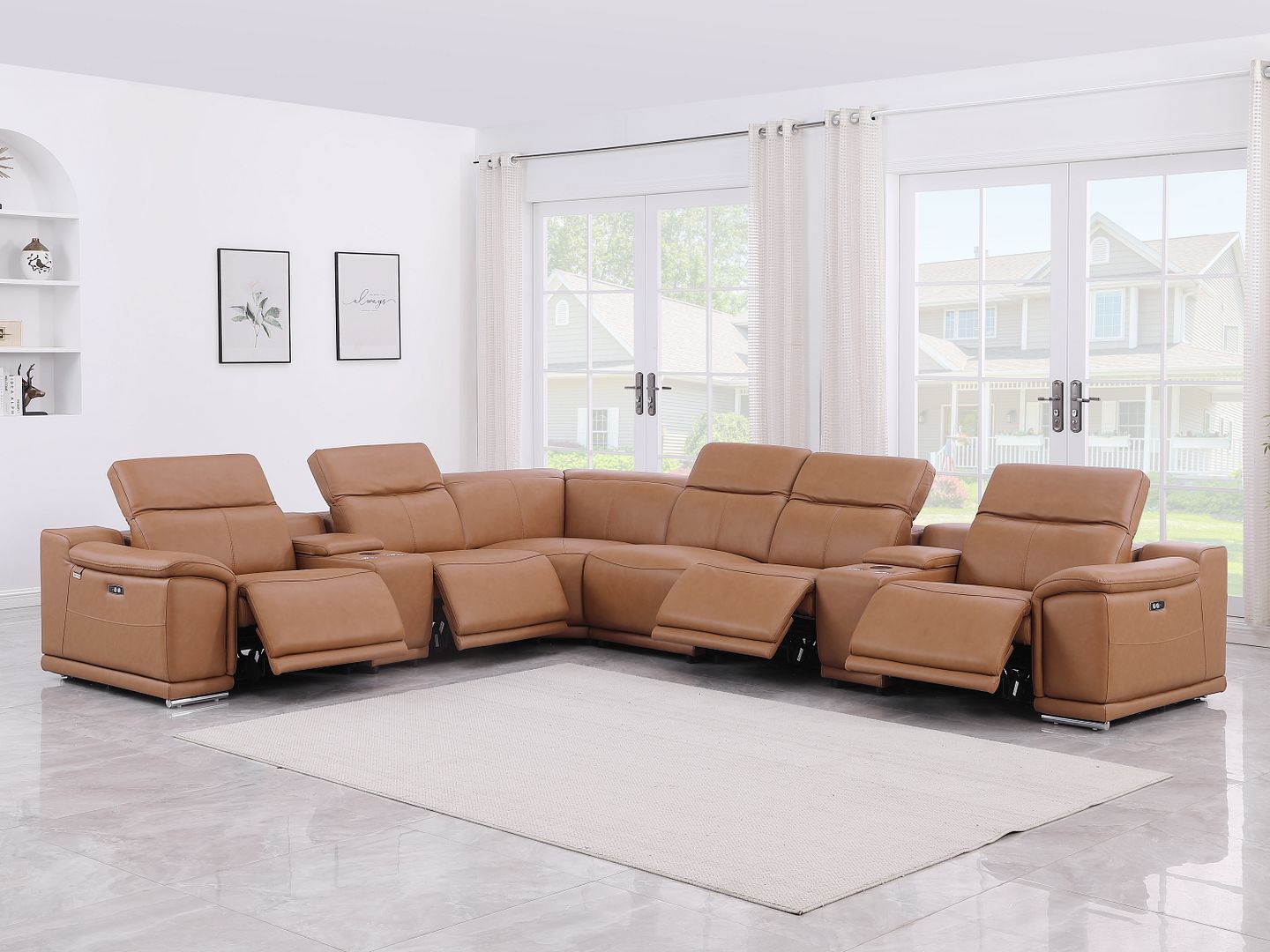 9762 Divanitalia 8-Piece L-Shaped Top Grain Italian Leather Sectional Sofa with 4 Power Recliners