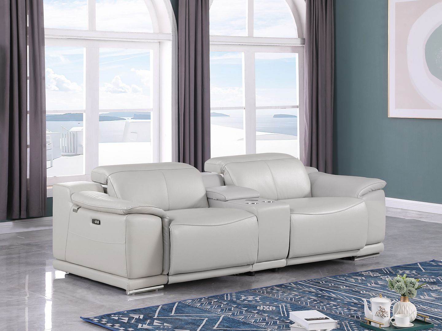 9762 Divanitalia 3-Piece Modular Power Reclining Console Loveseat with 2 Power Recliners in Top Grain Italian Leather - Light Grey