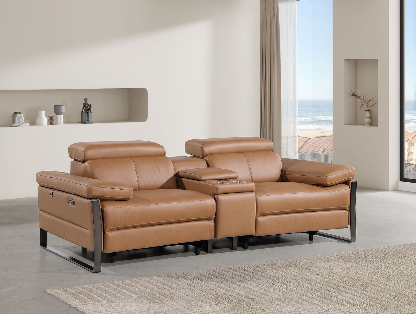 1246 Divanitalia Top Grain Italian Leather Console Loveseat with Power Headrest - Cognac - SKU 1246-COGNAC-3.2-HT