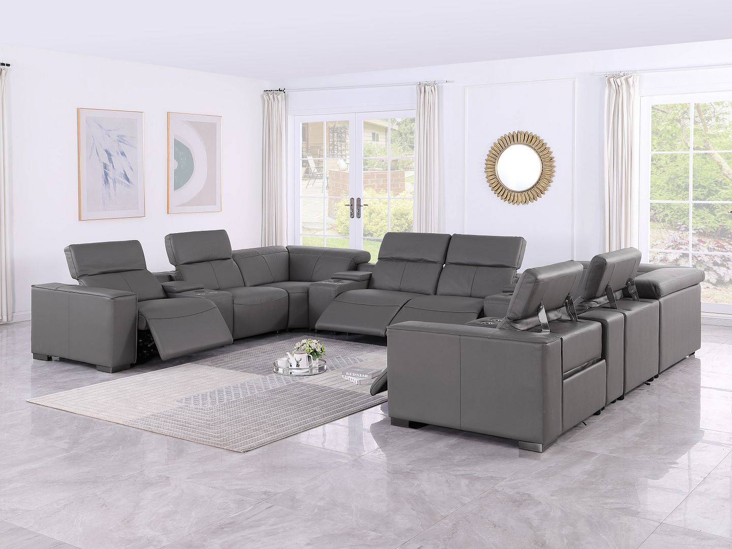 1208 12 Piece U-Shaped Leather Sectional Sofa with 4 Power Recliners & Power Headrest