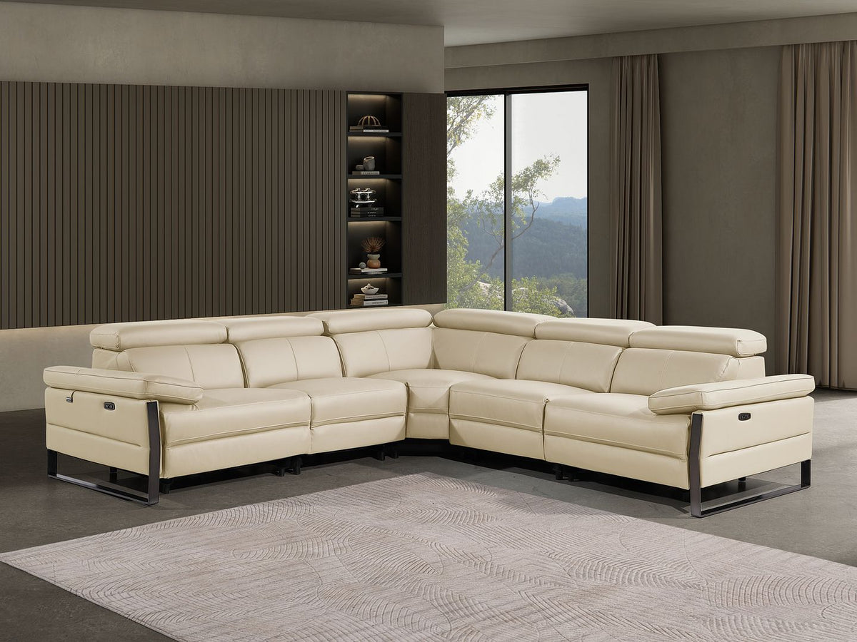 1246 Divanitalia 5-Piece L-Shaped Modular Power Reclining Sectional Sofa with Power Headrests - Top Grain Italian Leather - Beige - SKU 1246-BEIGE-5PC-3PWR-SECTIONAL