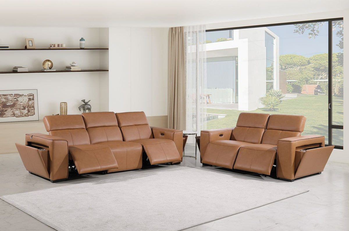 1224 Divanitalia 5-Piece Modular Power Reclining Sofa and Loveseat Set in Top Grain Italian Leather with 4 Power Recliners & Power Headrests - Cognac - SKU 1224-COGNAC-5.4-HT-2PC - view 2