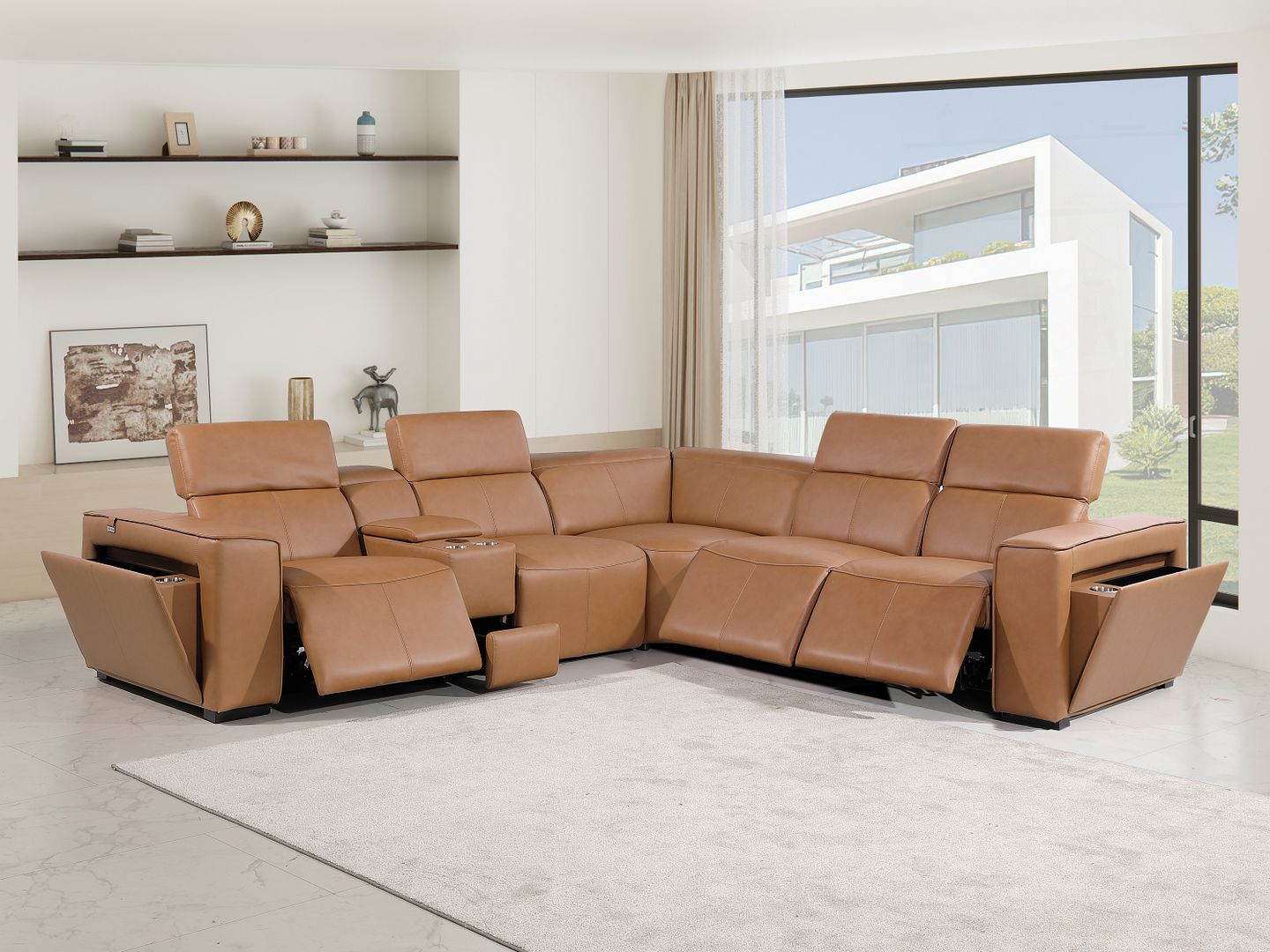 1224 Divanitalia 6-Piece L-Shaped Sectional Sofa in Top Grain Italian Leather with 3 Power Recliners & Power Headrests