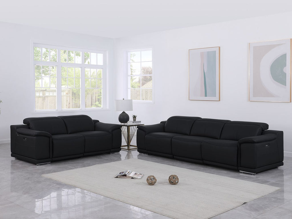 9762 Divanitalia 5-Piece Modular Power Reclining Sofa and Loveseat Set with 5 Power Recliners in Top Grain Italian Leather - Black - SKU 9762-BLACK-5.4-HT-2PC
