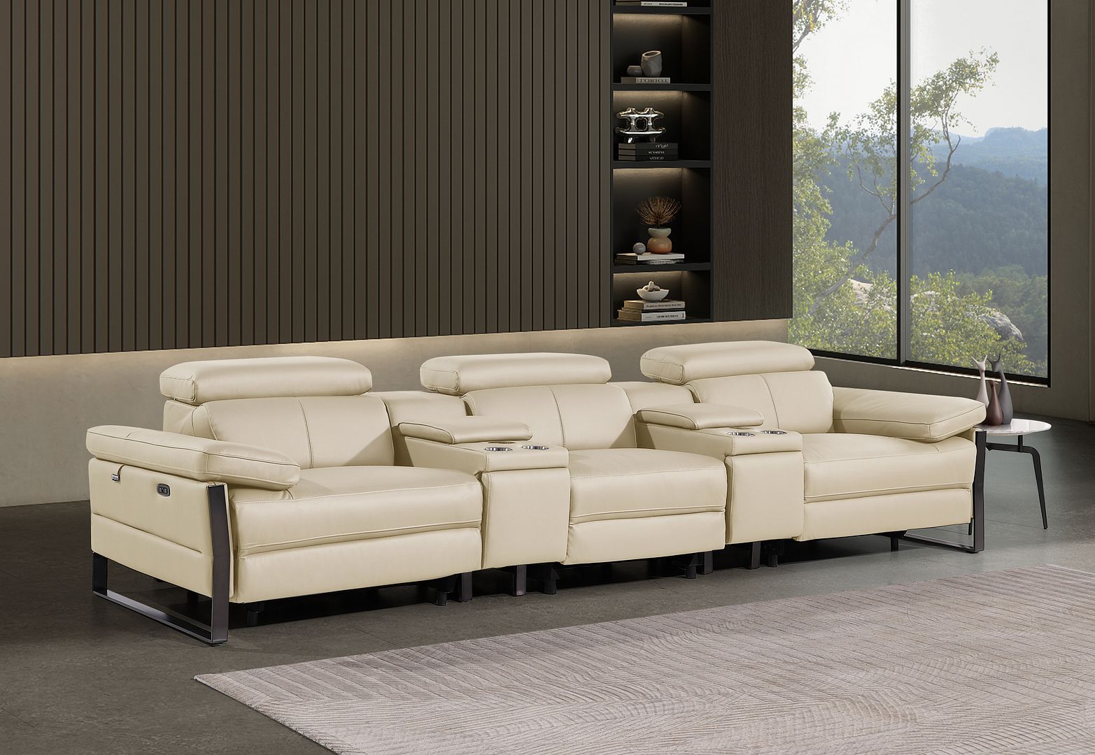 1246 Divanitalia Modular Power Triple Reclining Dual Console Sofa with Power Reclining Headrests - Top Grain Italian Leather - Beige - SKU 1246-BEIGE-5.3-HT