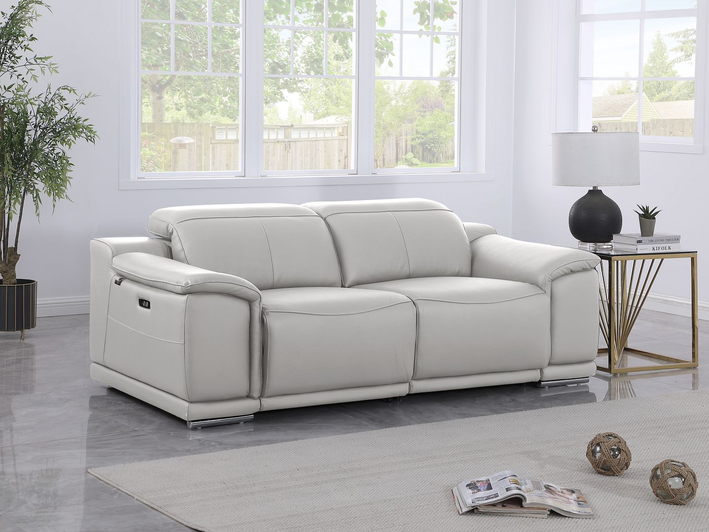 9762 Divanitalia 2-Piece Modular Power Reclining Console with 2 Power Recliners in Top Grain Italian Leather - Light Grey