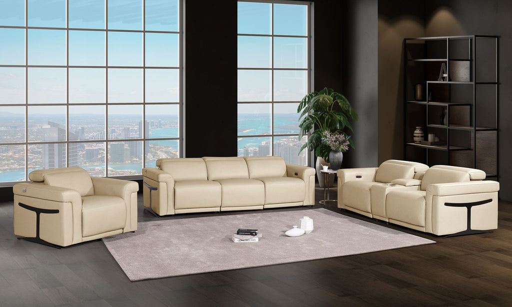 1126 Divanitalia 7-Piece Modular Power Reclining Sofa, Loveseat & Chair Set in Top Grain Italian Leather with 6 Power Recliners & Power Headrests - Beige - SKU 1126-BEIGE-7.6-HT-3PC