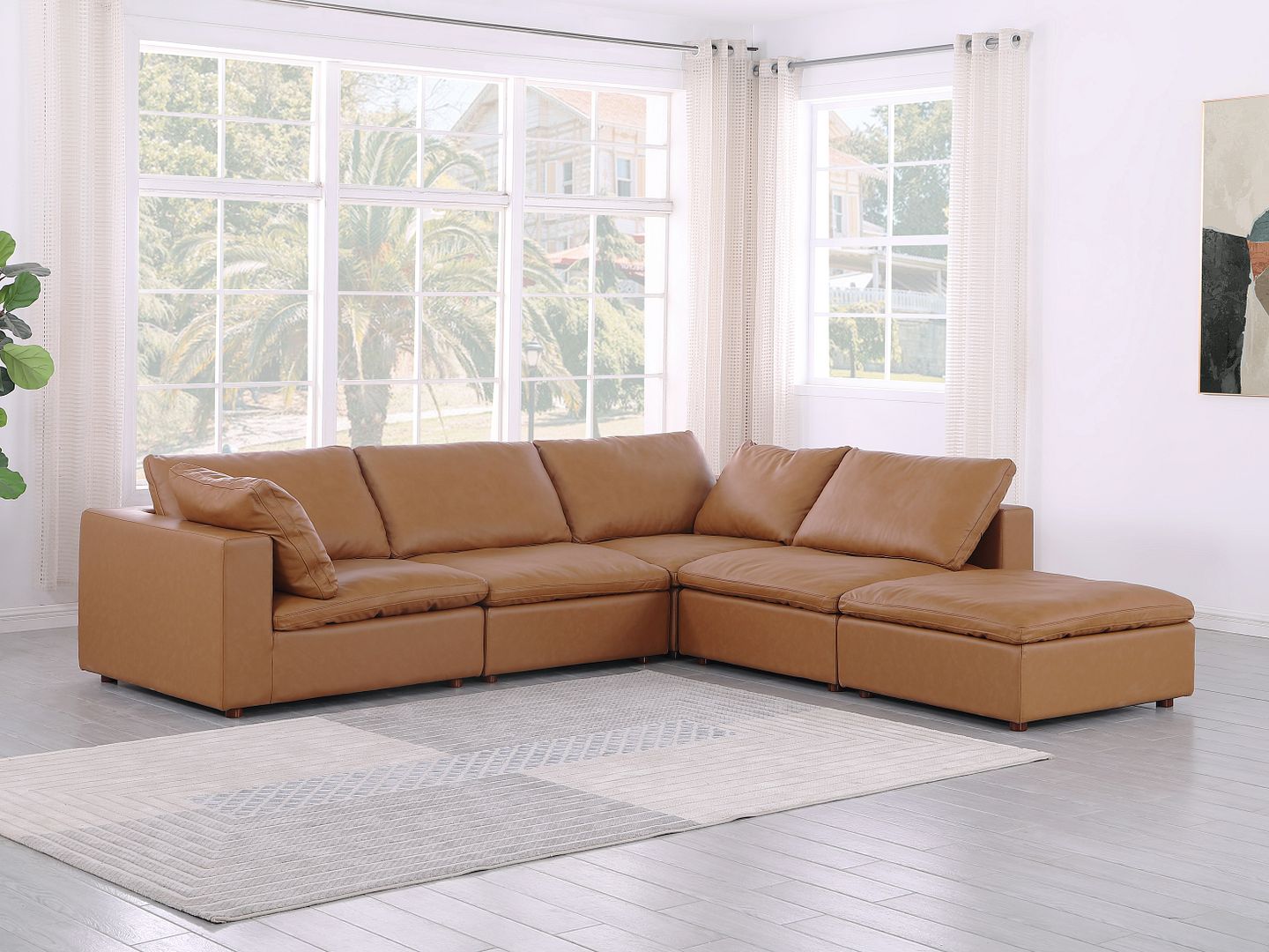 1100 Divanitalia 5-Piece Right Arm Facing 3-Seat Sectional Sofa - Top-grain Italian Leather - Cognac