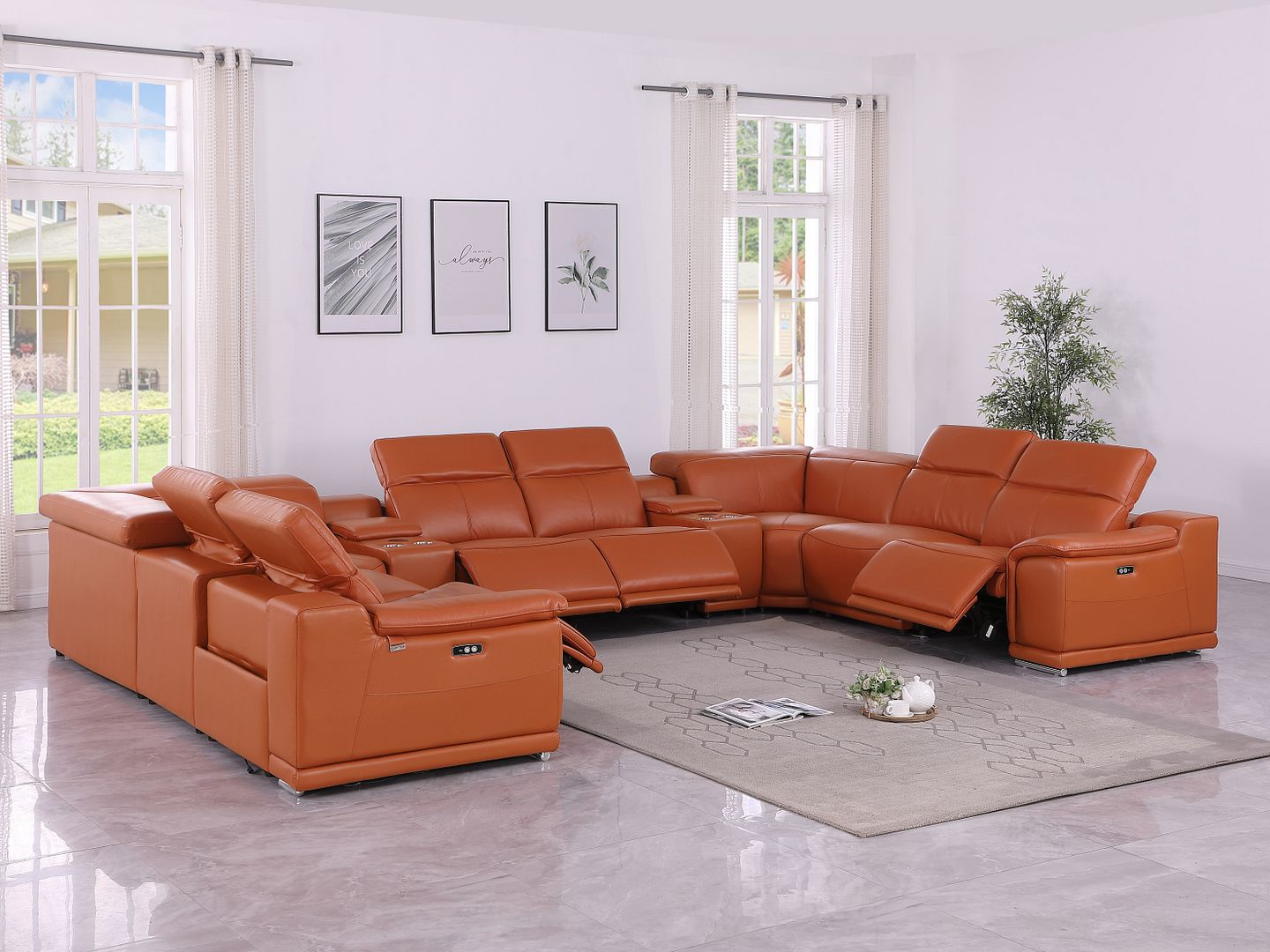 9762 Divanitalia 10-Piece U-Shaped Top Grain Italian Leather Sectional Sofa with 4 Power Recliners