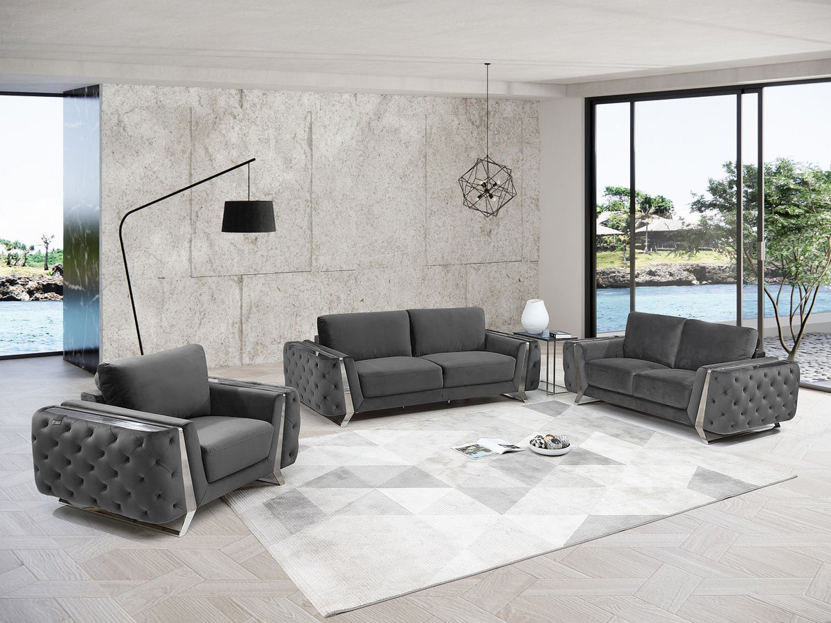 1051 Divanitalia Beige 2-Piece Sofa Set in Velvet Fabric - Dark Grey - SKU 1051-DK-GRAY-3PC