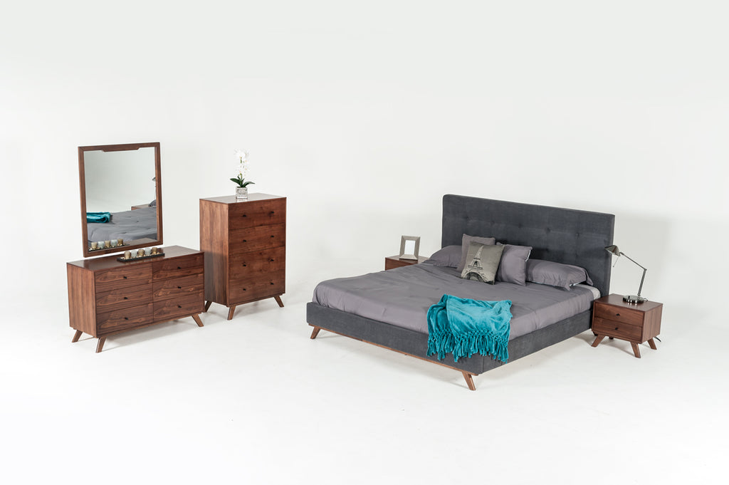 Eastern King Addison Mid-Century Modern Grey Fabric & Walnut Bed