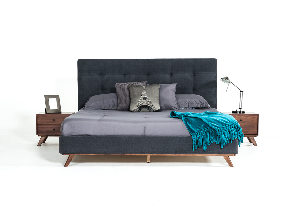 Eastern King Addison Mid-Century Modern Grey Fabric & Walnut Bed