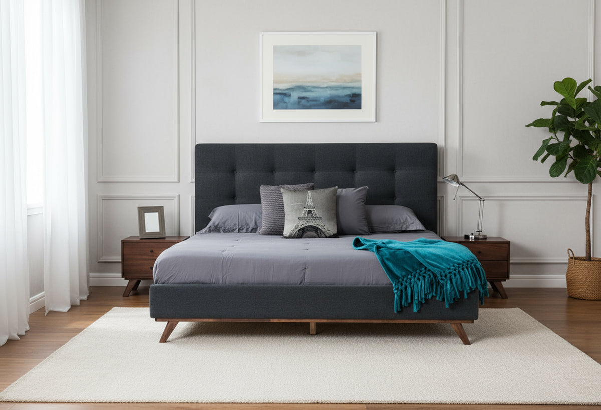 Eastern King Addison Mid-Century Modern Grey Fabric & Walnut Bed