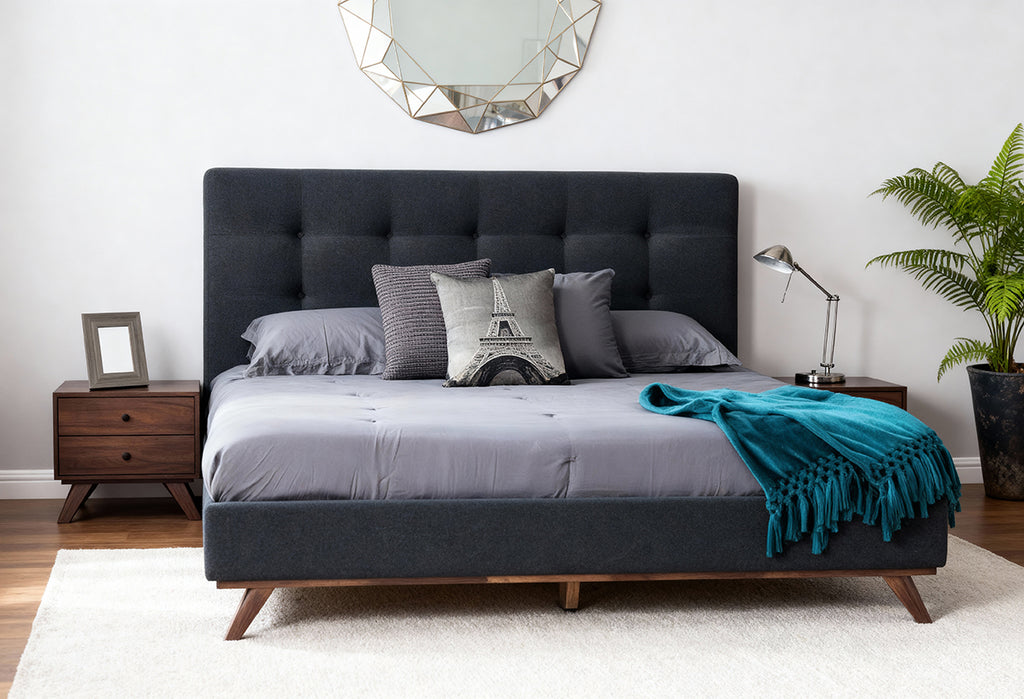 Eastern King Addison Mid-Century Modern Grey Fabric & Walnut Bed