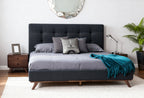 Eastern King Addison Mid-Century Modern Grey Fabric & Walnut Bed
