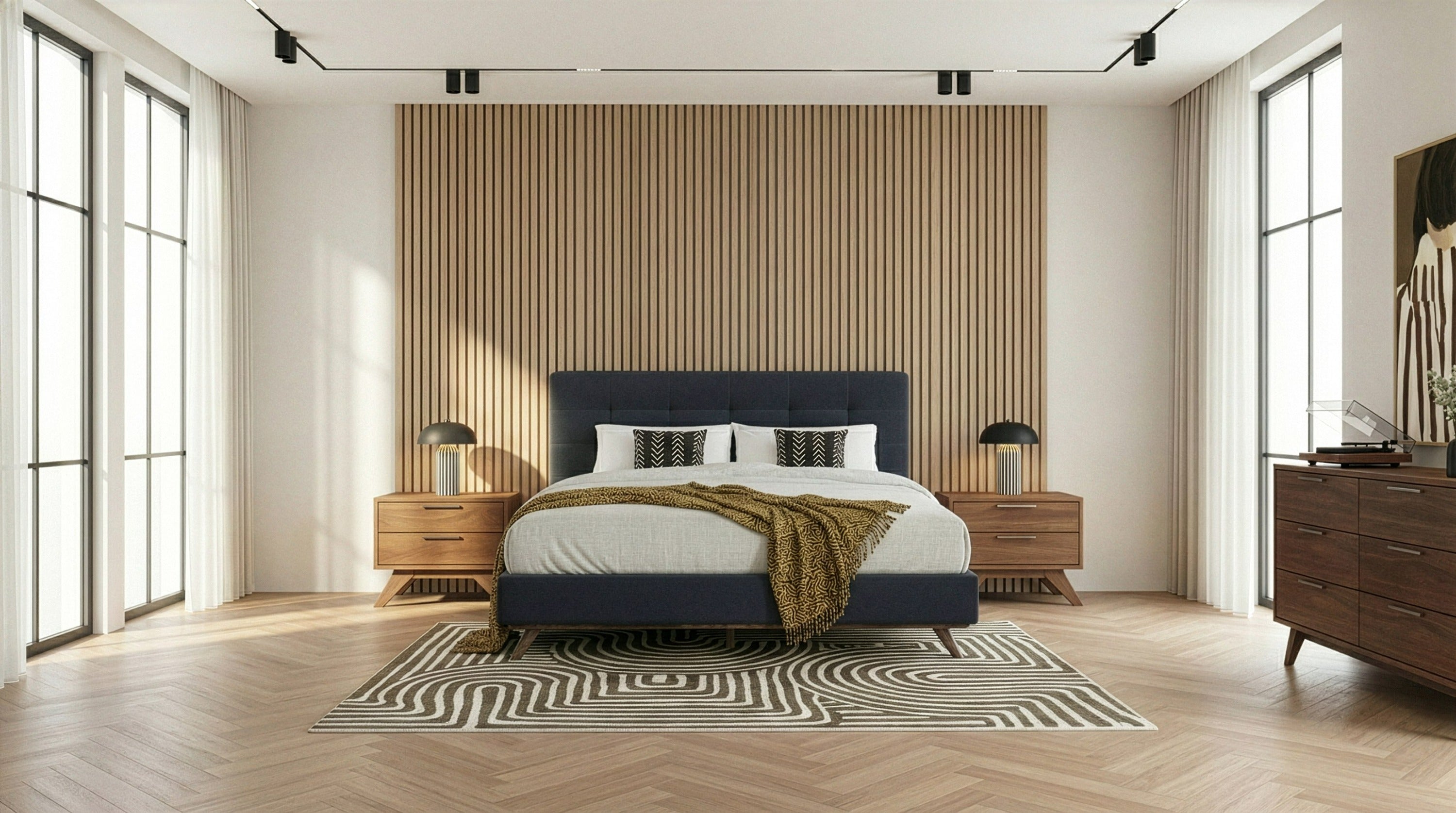 Eastern King Addison +Soria - Mid-Century Modern Grey Fabric + Walnut 4-Piece Bedroom Set - Mid - Century Modern Grey Fabric + Walnut 4 - Piece Bedroom Set