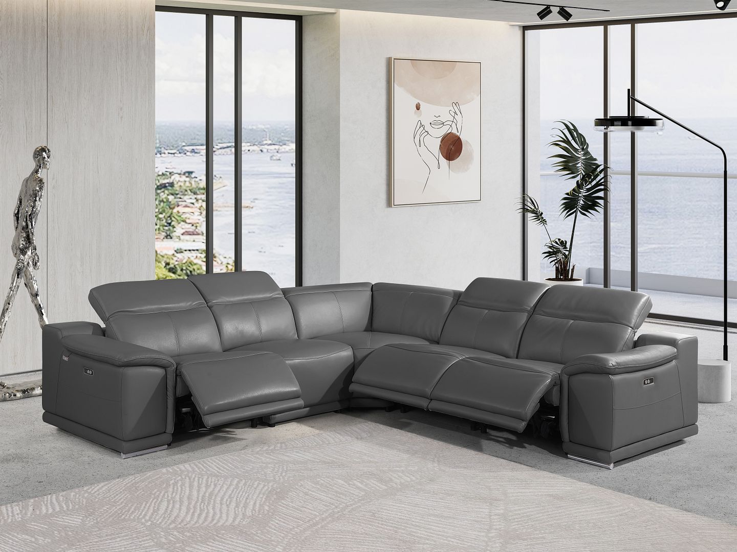 9762 Divanitalia 5-Piece L-Shaped Top Grain Italian Leather Sectional Sofa with 3 Power Recliners - Dark Grey