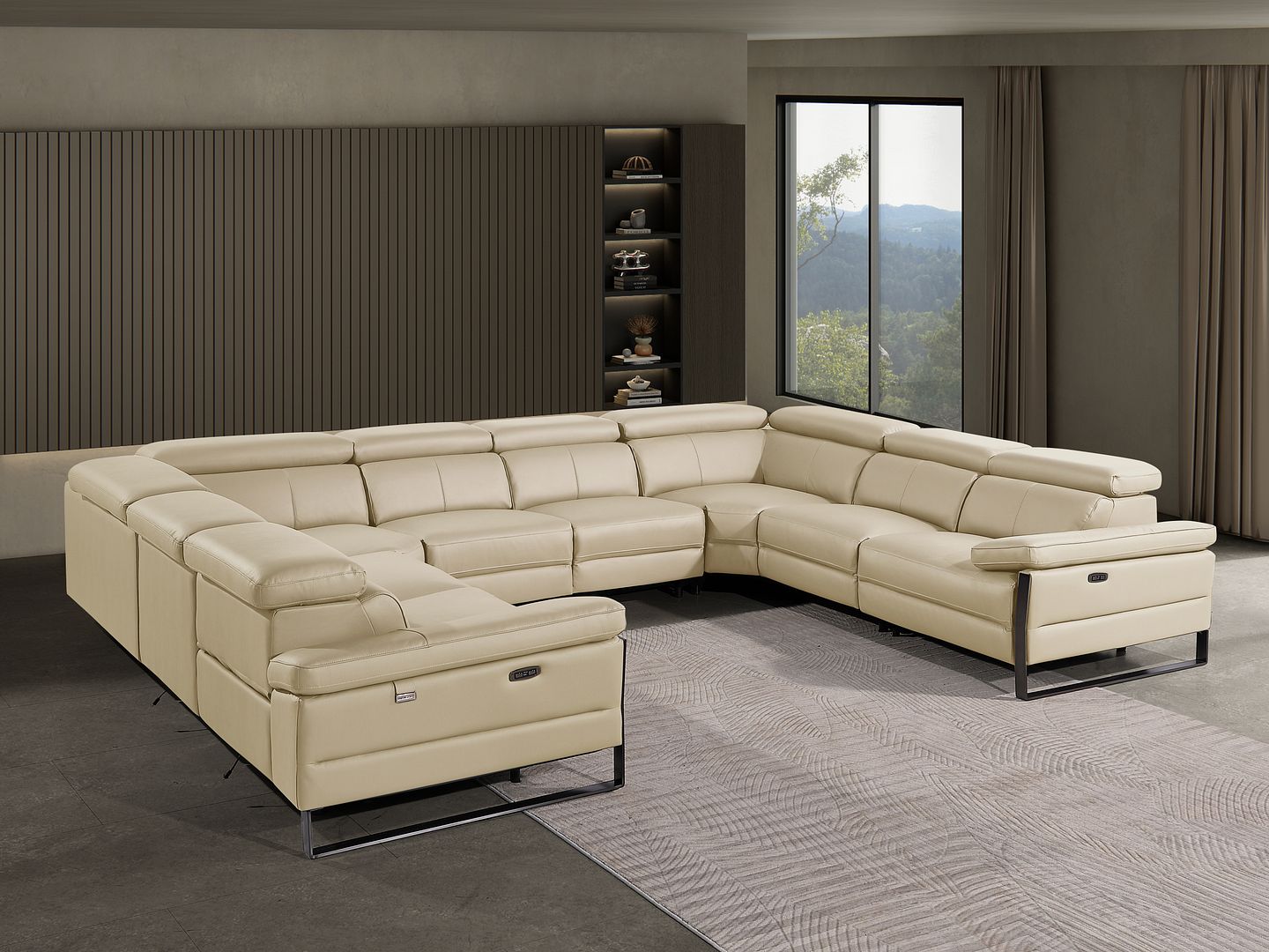 1246 Divanitalia 8-Piece U-Shaped Modular Power Reclining Sectional Sofa with 4 Power Recliners and Power Headrests - Top Grain Italian Leather - Beige
