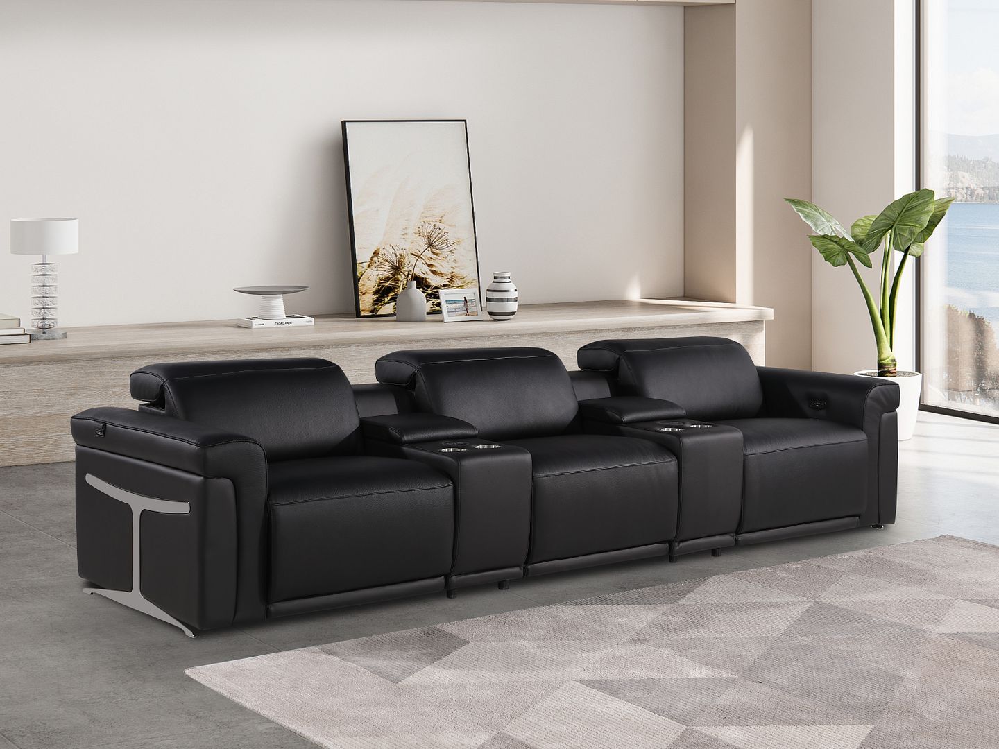 1126 Divanitalia 5-Piece Modular Power Reclining Sofa in Top Grain Italian Leather with 3 Power Recliners & Power Headrests - Black