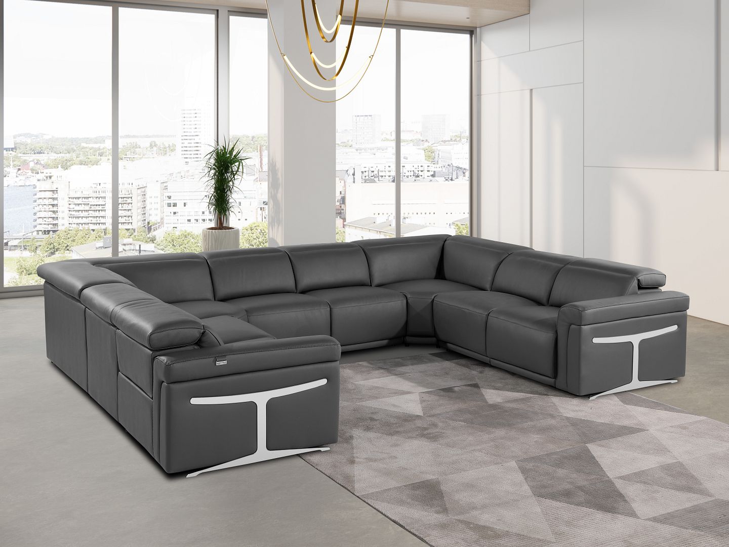 1126 Divanitalia 8-Piece U-Shaped Sectional Sofa in Top Grain Italian Leather with 4 Power Recliners & Power Headrests - Dark Grey