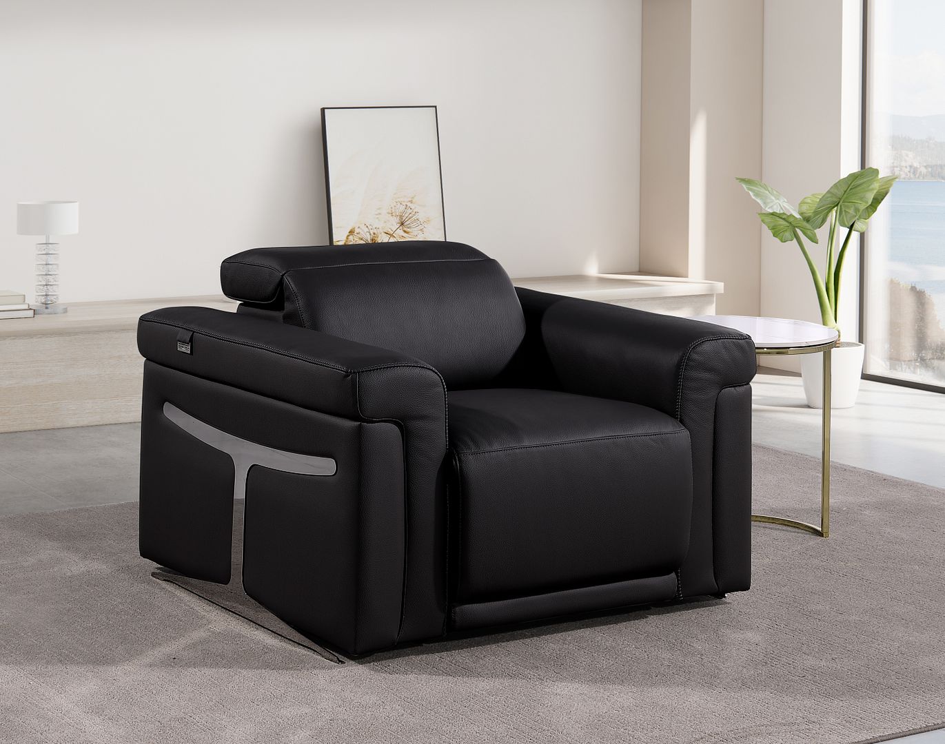 1126 Divanitalia Top Grain Italian Leather Power Reclining Chair with Power Headrests - Black - SKU 1126-BLACK-CH