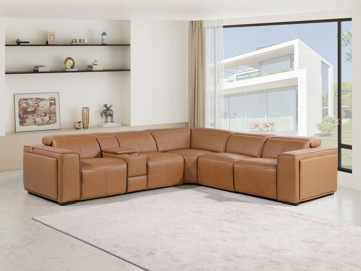 1224 Divanitalia 6-Piece L-Shaped Sectional Sofa in Top Grain Italian Leather with 3 Power Recliners & Power Headrests - Cognac - SKU 1224-COGNAC-6PC-3PWR-SECTIONAL