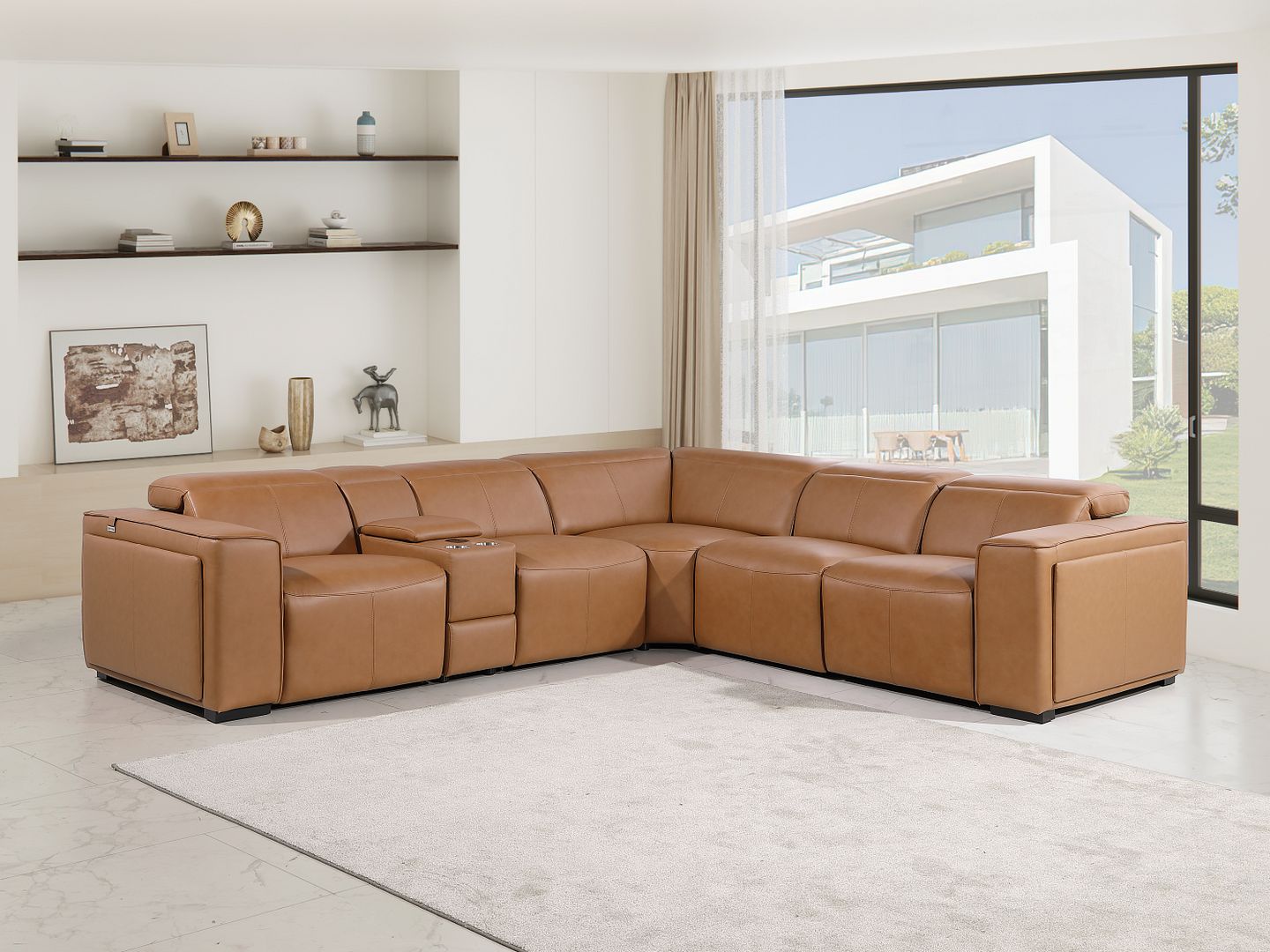 1224 Divanitalia 6-Piece L-Shaped Sectional Sofa in Top Grain Italian Leather with 3 Power Recliners & Power Headrests - Cognac