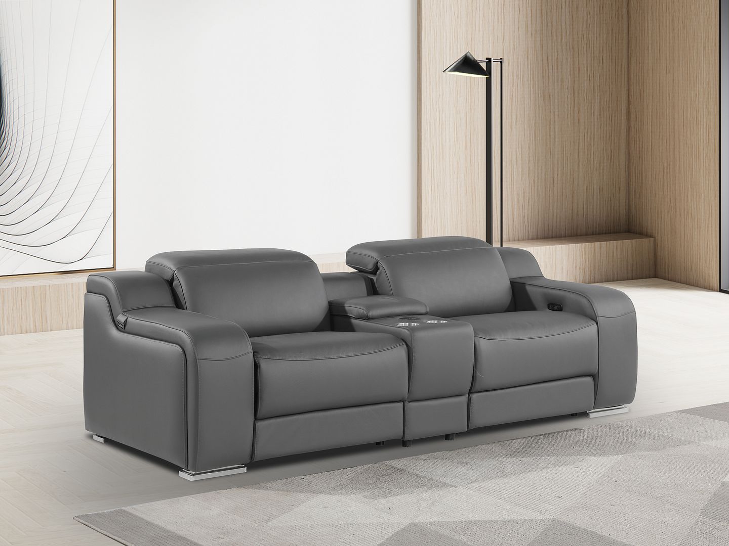 1116 Divanitalia 3-Piece Modular Power Reclining Console Loveseat in Top Grain Italian Leather with 2 Power Recliners & Power Headrests - Dark Grey