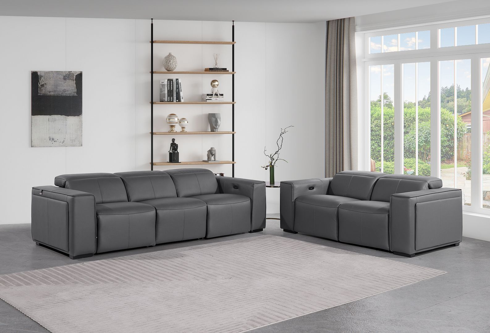 1224 Divanitalia 5-Piece Modular Power Reclining Sofa and Loveseat Set in Top Grain Italian Leather with 4 Power Recliners & Power Headrests - Dark Grey