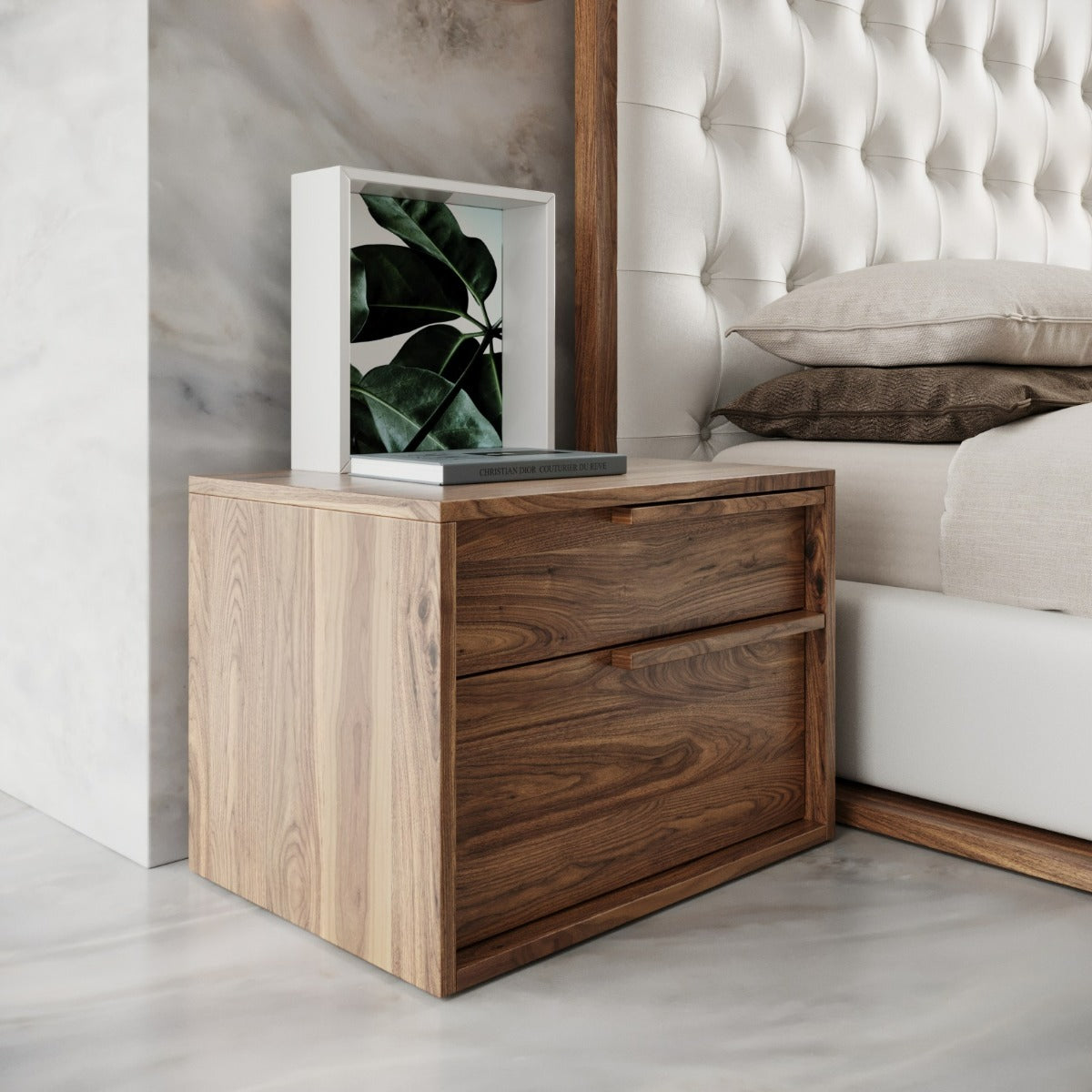Amberlie - Modern White Vegan Leather + Walnut 4-Piece Bedroom Set - Modern White Vegan Leather + Walnut 4 - Piece Bedroom Set