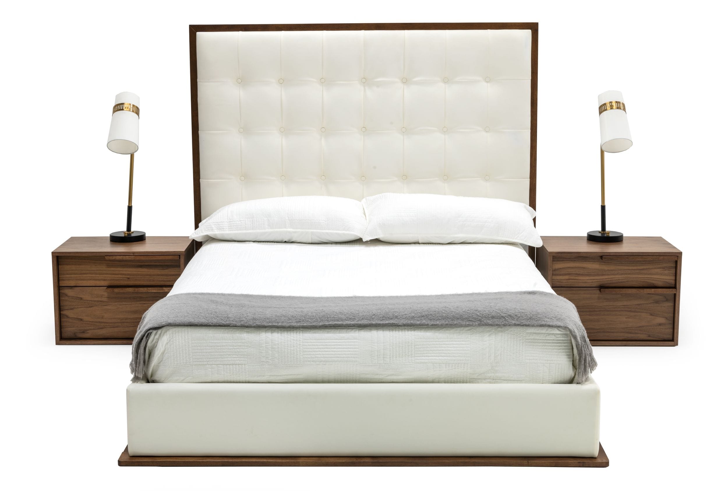 Amberlie - White Vegan Leather & Walnut Bed - White Vegan Leather & Walnut Bed