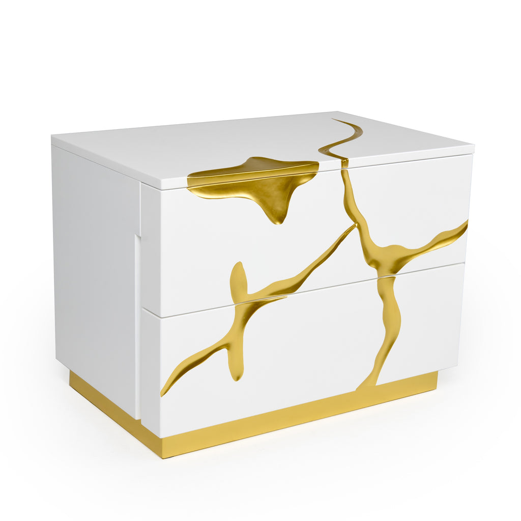 Aspen Modern Wide White and Gold Nightstand