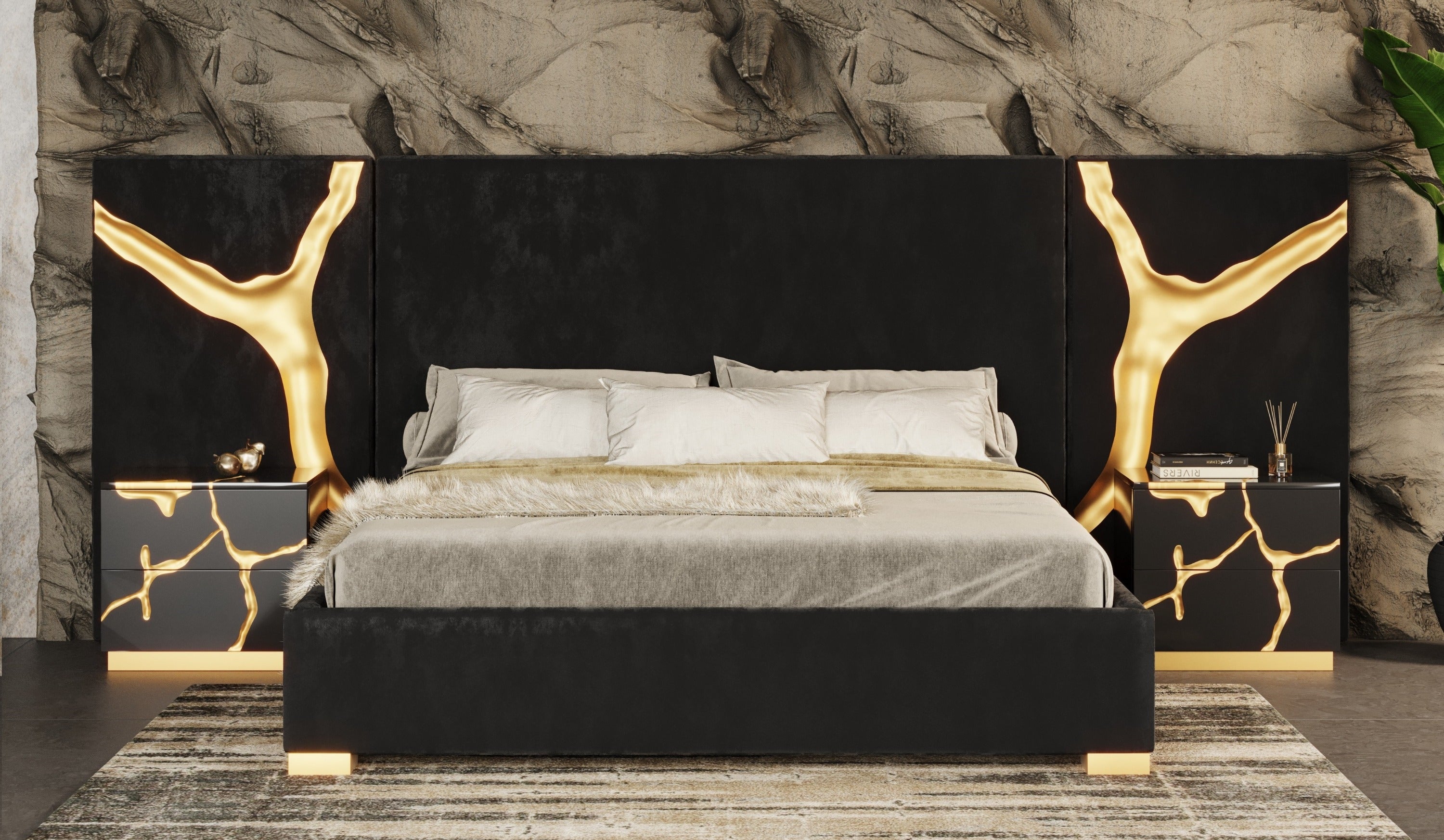Aspen - Modern Black + Gold 4-Piece Bedroom Set - Modern Black + Gold 4 - Piece Bedroom Set